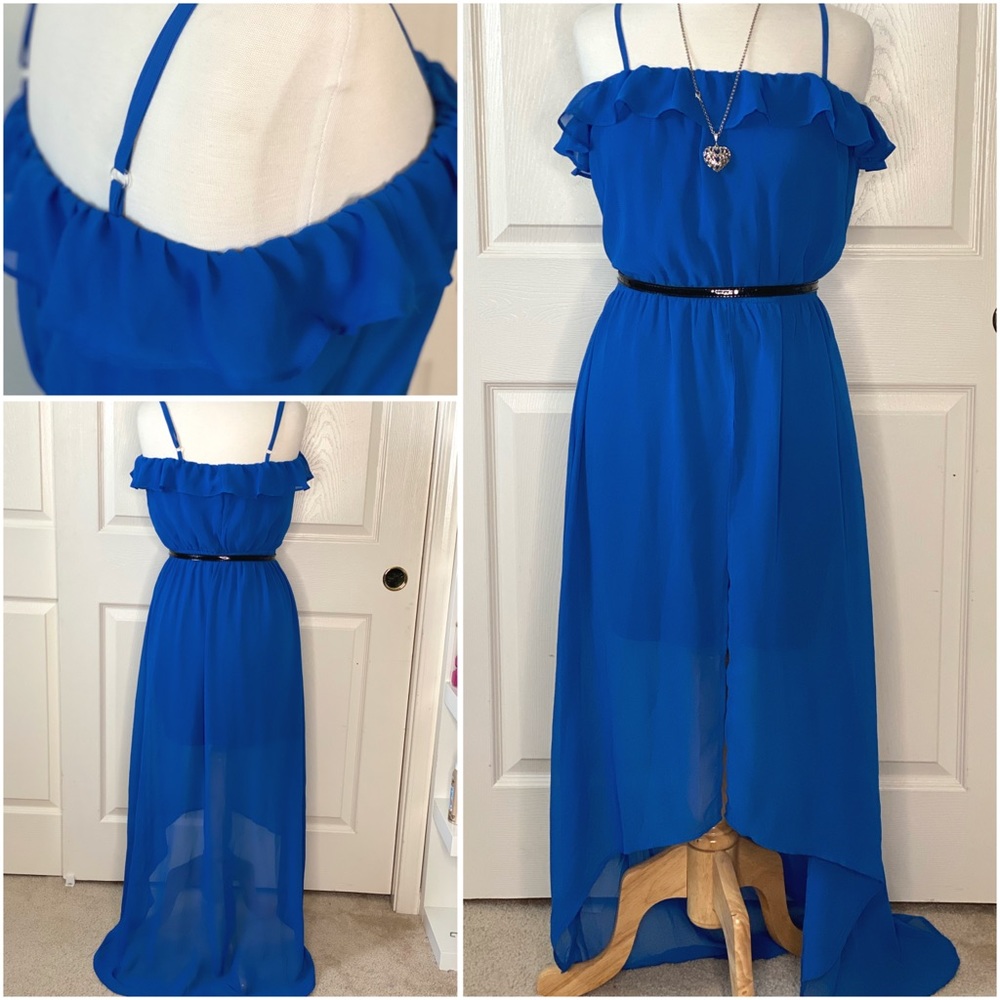 Juniors Blue Ruffle High Low Dress